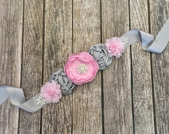 Pink and grey maternity sash, maternity sash, baby shower sash, pink maternity sash, grey maternity sash