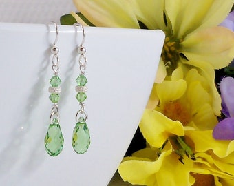 Green Swarovski Teardrop Sterling Silver Earrings, Peridot Briolette Earring Crystal Jewelry