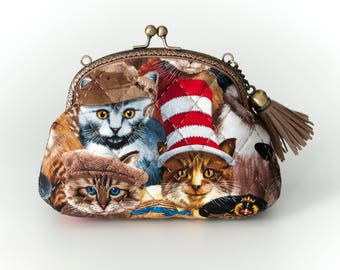 6″ Kiss lock - Clutch Bag, Cats In Hats Natural