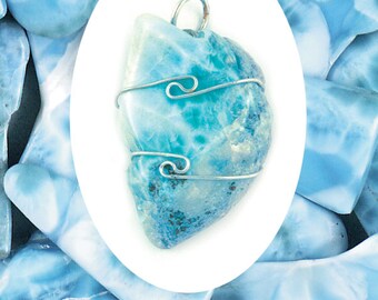 One Larimar Wire Wrap Pendant! .925 Sterling Silver! Very Rare & Powerful! Calms Difficult Emotions! Enhanced Communication! Throat Chakra!