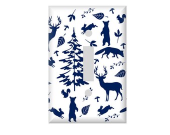 Woodland Animals Switchplate Cover -Woodland Navy Nursery - Electrical Outlet Cover - Rocker Plate cover - Deer Bear Tree