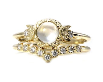 Diamond and Moonstone Engagement Ring Set - Moon Phase Wedding Rings - Yellow, Pink or White Gold