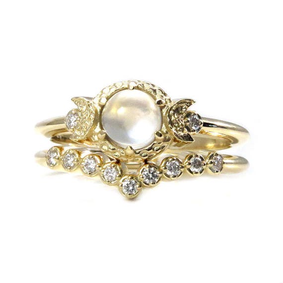Diamond and Moonstone Engagement Ring Set - Moon Phase Wedding Rings - Yellow, Pink or White Gold