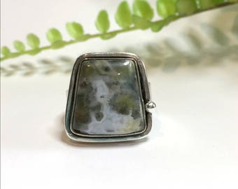Ocean Jasper Ring, Sterling Silver Ring, Cabochon Ring, Handmade Sterling Silver Ring, Statement Ring, Green Ring, Under 100 Dollars