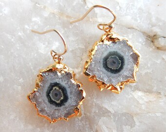 Stalactite Slice Earrings 24K Gold Dipped Electroplate Quartz Crystal Dangle Drop Free Shipping Jewelry