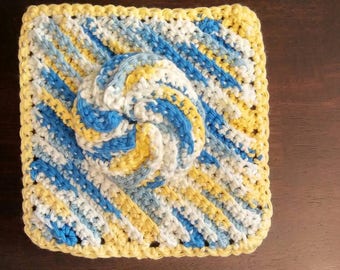 Blue Yellow Crochet Tawashi Bathing Pouf / Facial Exfoliating Cloth 2 pk scrubby eco-friendly biodegradable compostable cotton