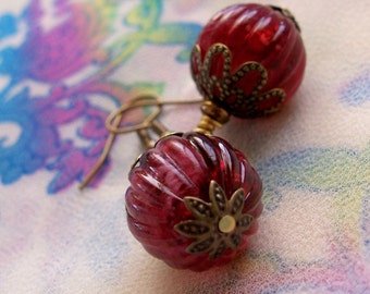Cranberry Rose Vintage Style Dangle Earrings