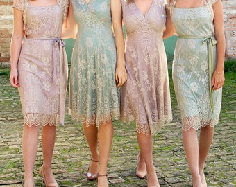 Bespoke Vintage Style Lace Bridesmaids Dresses In Platinum and Powder Lace