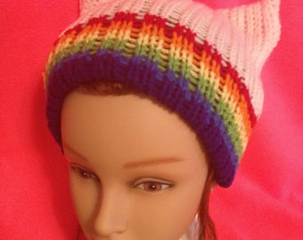 Rainbow Band Light Pink PussyHat Cat beanie Woman March PUSSY HAT Cap Kitty Ears 3 Sizes, -- Charity Donation & Free Shipping UsA