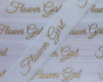 5/8 White FLOWER GIRL in Gold Foil, Fold Over Elastic