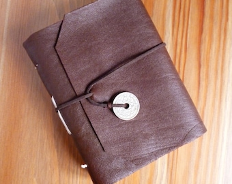 Leather wrap journal, upcycled leather, old coin, brown leather, A6, notebook, bullet journal, leather bound, French coin