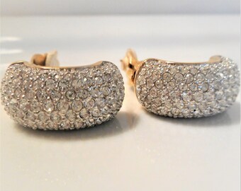 40% Vintage Swarovski Crystal Wide Hoop Signed Clip On Earrings, Vintage 1980's Swarovski Pave Crystal Demi Hoop Clip On Earrings, DAZZLING!