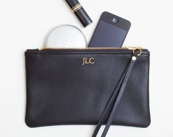 Monogrammed Leather Clutch, Personalized Zipper Wristlet, Black Leather Clutch, Foil Monogram Embossed Leather Wristlet, Cell Phone Wristlet