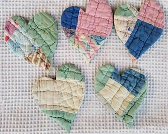Quilt Hearts from Vintage Cutter Quilt - 5 Embellishment, Scrapbook, Heart, Valentine's, Folk Art, Repurposed
