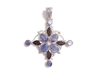 Blue Kyanite and Iolite 3-3/8" Sterling Silver Cross Pendant
