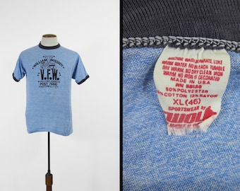 Vintage VFW Tri Blend T-shirt Rayon Heather Blue Ringer Tee - Medium