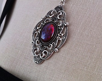 Victorian Gothic Necklace Dragons Breath Opal Pendant Goth Bridal, Gothic Wedding, Victorian Jewelry, Bridesmaid Gift, Mirror on the Wall