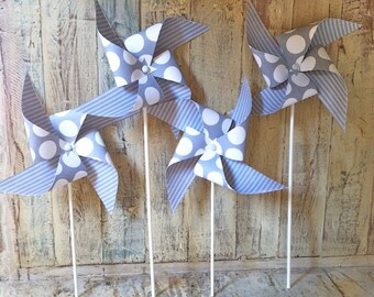 Gray and White Polka Dots - Set of 6 Paper Pinwheels