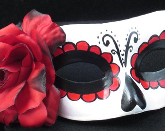 Beloved Mask, Day of the Dead mask with red burnt rose