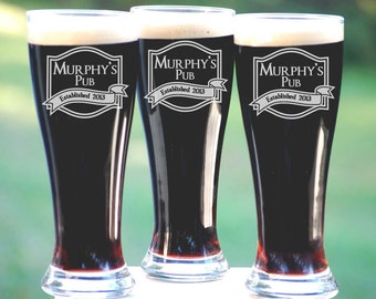 Set of 4, Etched Beer Glasses, Personalized Christmas Gift, Unique Holiday Gift Ideas for Him Pilsner Set Pub Glasses Husband Boyfriend Gift