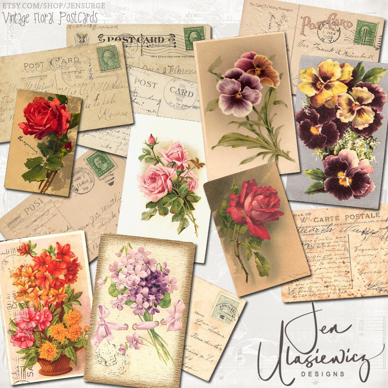 Vintage Floral Postcards digital scrapbook graphics / ephemera