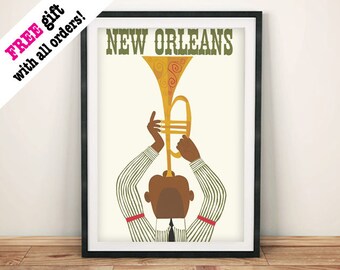 JAZZ TRUMPET POSTER: Vintage New Orleans Travel Advert Print