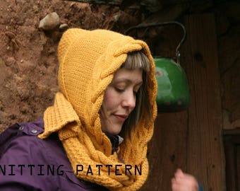 Knitting pattern, knit hooded scarf for women
