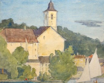 Church Watercolor Waterscape Painting Signed Watercolor Vintage Watercolor Vintage Art OOAK Painting Vintage Landscape Painting