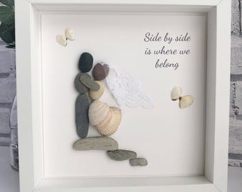 Handmade framed Pebble Art "Veil & Rocks", Wedding Pebble Picture, Personalised Pebble Picture, Wedding Gift