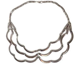 Silver Tone Bib Necklace, Vintage Curved Links Multistrand Chunky Necklace
