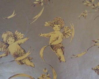 Vintage 1960s Wedding Gift Wrap Goldy Cherubs-1 Sheet Wrapping Paper Weddings