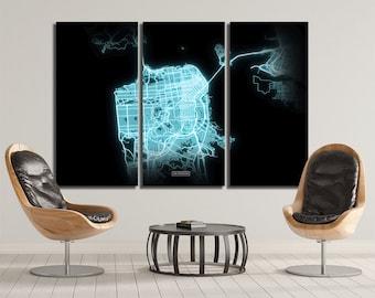 SAN FRANCISCO Map 3 Canvas Panel San Francisco California Night Lights Modul Map Oversized Horizontal Wall Art Map Modern Art Neon City Map