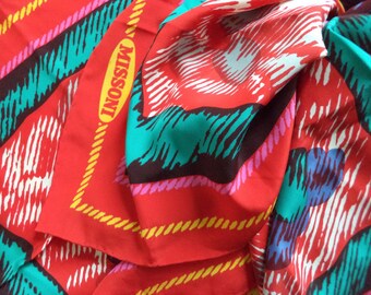 Vintage Missoni ZigZag Large Red Silk Scarf, Vintage Missoni Silk Scarf, Rolled, Head, Neck, 80s Scarf, Red Missoni Scarf, Blue Scarf, Gift