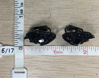 Vintage Black Rhinestone Leaf Clip On Earrings Used