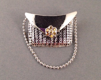Silver Purse Brooch with Gold Rhinestone Clasp & Silver Ball Chain Strap by Donecraft .75" Long and 1.25" Wide Previously 15 Dollars ON SALE