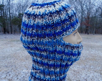 Blue Balaclava, ski mask. Stripes in blue, brown and cream. Winter full face overage.