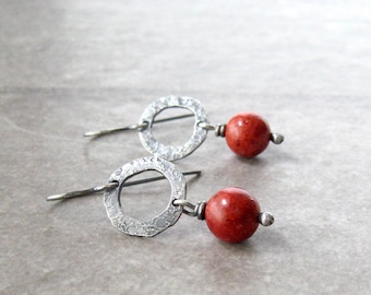 red drop earrings, bamboo coral earrings, oxidized silver, red and silver earrings