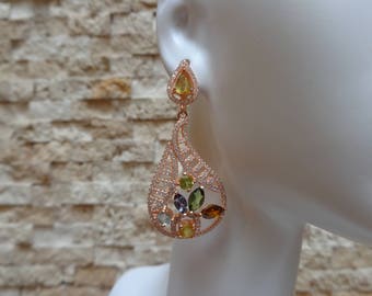 14K Rose Gold over Sterling Silver earrings with Yellow Sapphire, Tanzanite, Chrome Diopside, Peridot and Blue Topaz