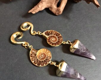 Ammonite fossil ear weights, Amethyst ear weights,fossil ear hangers,dangle ear hanger,guage earring