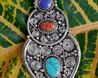 Tibetan Pendant...Made in Nepal...Tibetan silver, coral, lapis, turquoise