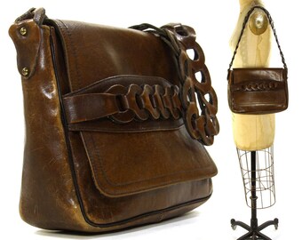 70s Boho Leather Purse Vintage 1970s Bohemian Leather Hippie Shoulder Bag Brown Distressed Hobo with Flap Closure
