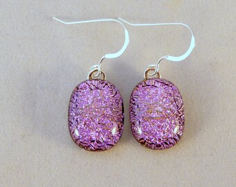Pink Dichroic Fused Glass Dangle Earrings, Fused Glass, Fused Glass Earrings, Dichroic Earrings, Dangle Earrings, Dichroic, PInk Earrings