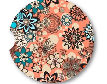 Mandala Sandstone Car Coaster Decor for Her, Orange Auto Cup holder Gift For College Graduation- Unique Teacher Vehicle Car Coaster Gift