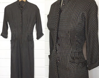 Vintage 1940s Black & Brown Plaid Wool Shirtdress / Made by Betty Hartford / WWII / Midcentury