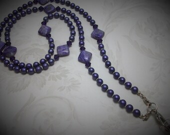 Purple Charoite and Faux Pearl Necklace Lanyard