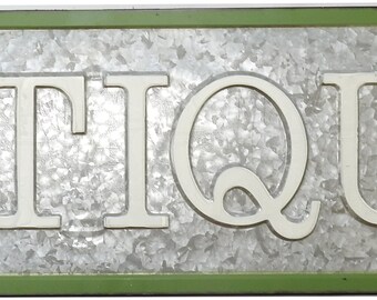 R & W Vintage Reproduction Metal "Antiques" 4' x 1' Sign