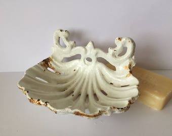Vintage French Cast Iron Enamel Soap Dish, Shabby Chic