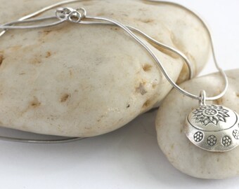 Sterling and Hill Tribe Silver Stamped Flower Charm 18” Necklace// luluglitterbug