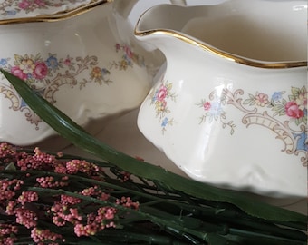 Vintage Mismatched Homer Laughlin Creamer and Sugar bowl, Pink Floral Pattern, Mismatched Dishes, Shabby Chic, Tea Party, Wedding, Luncheon,
