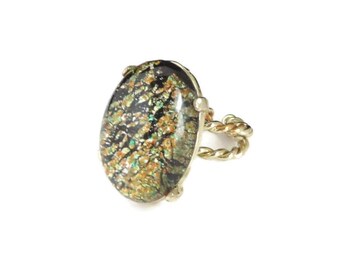 Vintage Foil Glass Ring, Oval Adjustable Gold Tone Ring, Fun Gift for Her